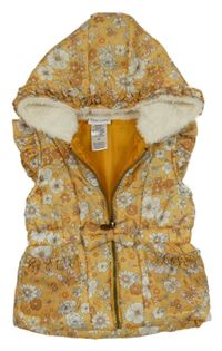 Okrová kvetovaná trblietavá šušťáková zateplená vesta s volánikmi a kapucňou