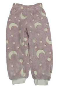 Starorůžovo-bílé chlupaté pyžamové kalhoty s hvězdami a měsíci