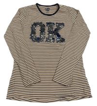 Béžovo-čierne pruhované tričko s písmeny z překlápěcích flitrů Tchibo