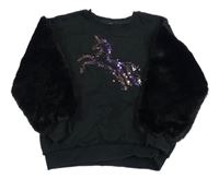Čierna mikina s jednorožcem z flitrů a chlpatymi rukávy Tu