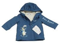 Nové - Tmavomodrá nepromokavá jarní bunda s králíkem a kapucí - Králíček Petr