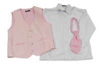 3set - Bílá košile - růžová vzorovaná třpytivá slavnostní vesta + kravata