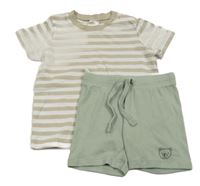 2set - Béžovo-bílé pruhované tričko + zelenošedé žebrované bavlněné kraťasy s medvědem H&M