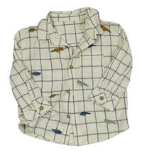 Smetanovo-modrošedá kockovaná ľanová košeľa s dinosaurami George