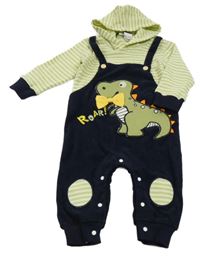 Tmavomodré rebrované na traké nohavice s dinosaurom a pruhovaným trikem s kapucňou