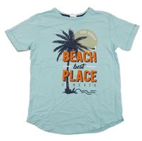 Svetlomodré tričko s palmou a nápisom