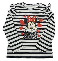 Černo-bílé pruhované žebrované triko s Minnie a volánky