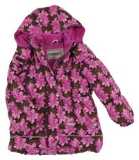 Růžovo-hnědá květovaná šusťáková zimní bunda s kapucí 