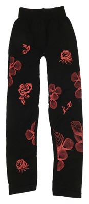 Černé sportovní legíny s růžovými květinami 