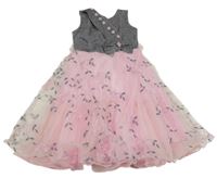 Stříbrno-růžové tylové slavnostní šaty s výšivkami květů a páskem 