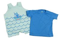 Nové - 2 set - modré tričko + světlemodrý kraťasový overal se žralokem 