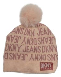 Růžová pletená čepice s logy a bambulí DKNY