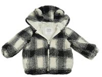 Bielo-čierna kockovaná huňatá podšitá bunda s kapucňou zn. F&F
