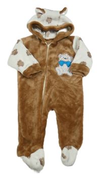 Hnedo-biela plyšová kombinéza s medvedíkom