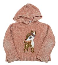 Ružový žinylkový sveter s laní z flitrů a kapucňou Dopodopo