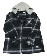 Čierno-modro-bielo-sivá kockovaná košeľová bunda s kapucňou Page one young