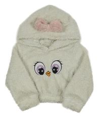 Bílošedá chlpatá mikina s ňufáčikom  a kapucňou s mašlou