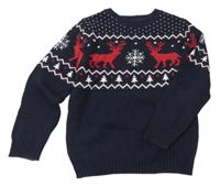 Tmavomodro-bielo-červený sveter so sobmi H&M