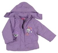Fialová šušťáková zimná bunda s obrázkami a kapucňou