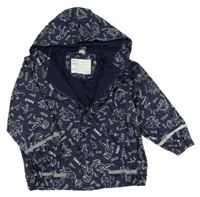 Tmavomodrá nepromokavá jarní bunda s kapucí a s dinosaury 