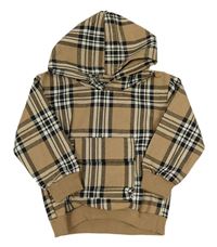 Hnedo-čierno-biela kockovaná bunda s vreckom a kapucňou SHEIN