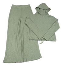 2Set - Khaki melírovaná žebrovaná úpletová crop mikina s kapucí + široké kalhoty C&A