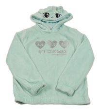 Mentolová chlpatá mikina so srdiečkami a kapucňou