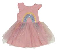 Svetloružové bavlnené šaty s tylovou sukní a flitrami Primark