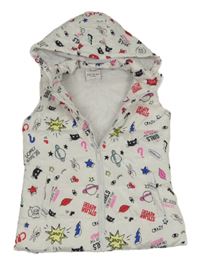 Biela šušťáková prešívaná zateplená vesta s obrázkami a kapucňou