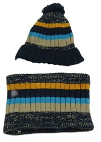 2set - Barevná pruhovaná pletená zateplená čepice + nákrčník C&A