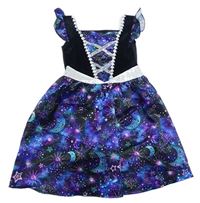 Kockovaným - Čierno-tmavofialovo-modré saténovo/sametové šaty s mesiacmi a hviezdičkami a volánikmi F&F
