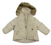 Smetanová prošívaná šusťáková zimní bunda s kapucí s kožešinou RIVER ISLAND