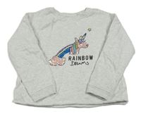 Světlešedá melírovaná crop mikina s jednorožcem a flitry a nápisy Next