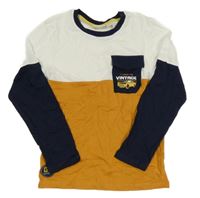 Bílo-medovo-tmavomodré triko s kapsou s autem Kids