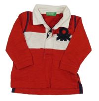 Červeno-biela melírovaná mikina s logom a golierikom Benetton