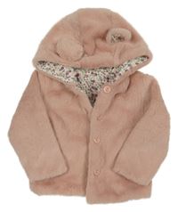 Svetloružový kožušinový podšitý kabát s kapucňou s uškami CRAFTED