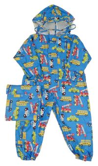 Modrá šusťáková nepromokavá kombinéza s IZS a autobusy a kapucí + sáček