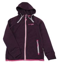 Mahagonová melírovaná pletená propínací mikina s nápisem a kapucí