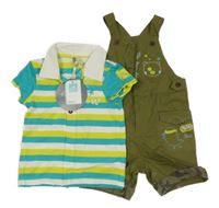 Nové - 2Set - Khaki plátěné laclové kraťasy s medvídkem + pruhované propínací tričko s nápisy a límečkem Orchestra Bébé