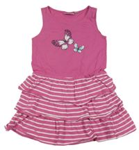 Tmavorůžovo-biele šaty s motýlikmi a pruhmi a volánikmi alive