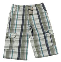 Bielo-sivo-tmavomodré kockované cargo capri nohavice Blue Seven