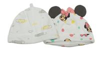 2x bílá bavlněná čepice - s mraky + puntíkatá s Minnie
