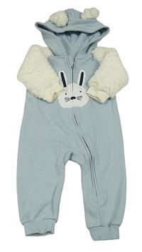 Světlemodro-smotanová teplákovo/huňatá kombinéza s králikom a kapucňou