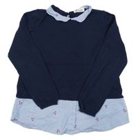 Tmavomodrý ľahký sveter s pruhovanou halenkou s třešněmi H&M