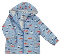 Svetlomodrá nepromokavá bunda s dopravními prostředky a kapucňou Lupilu