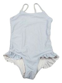 Světlemodro-bílé pruhované jednodílné plavky s volánky Kuniboo