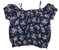 Tmavomodré kvetované crop tričko s listami Y.F.K.