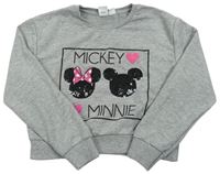 Sivá melírovaná crop mikina s Mickeym a Minnie Disney