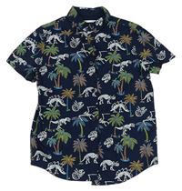 Tmavomodro-farebná košeľa s dinosaurami a palmami F&F