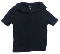 Čierne rebrované crop tričko s golierikom New Look